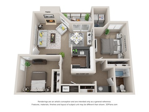 Floor plan for 2 beds, 1 bath, 940 sqft